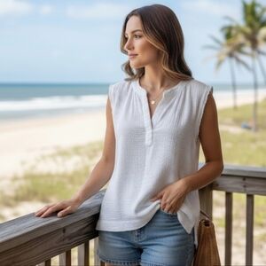 JOE FRESH+ White Cotton Double Gauze Sleeveless Blouse 1X